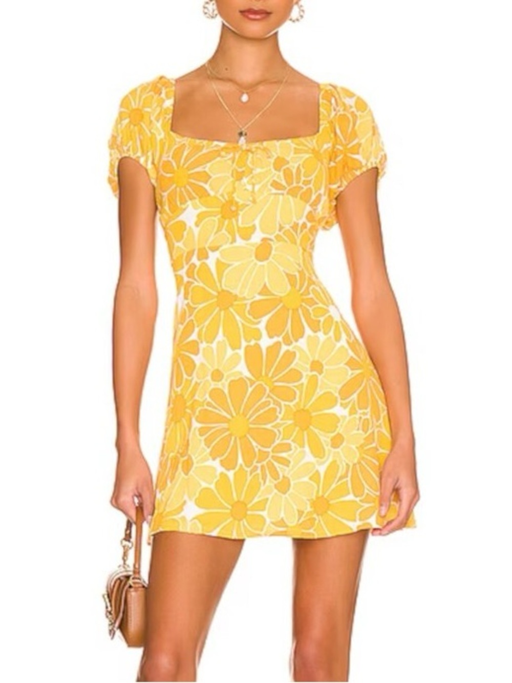 Faithfull the Brand Marigold Yellow Floral Square-Neck Mini Dress Size 4/Small 🌼